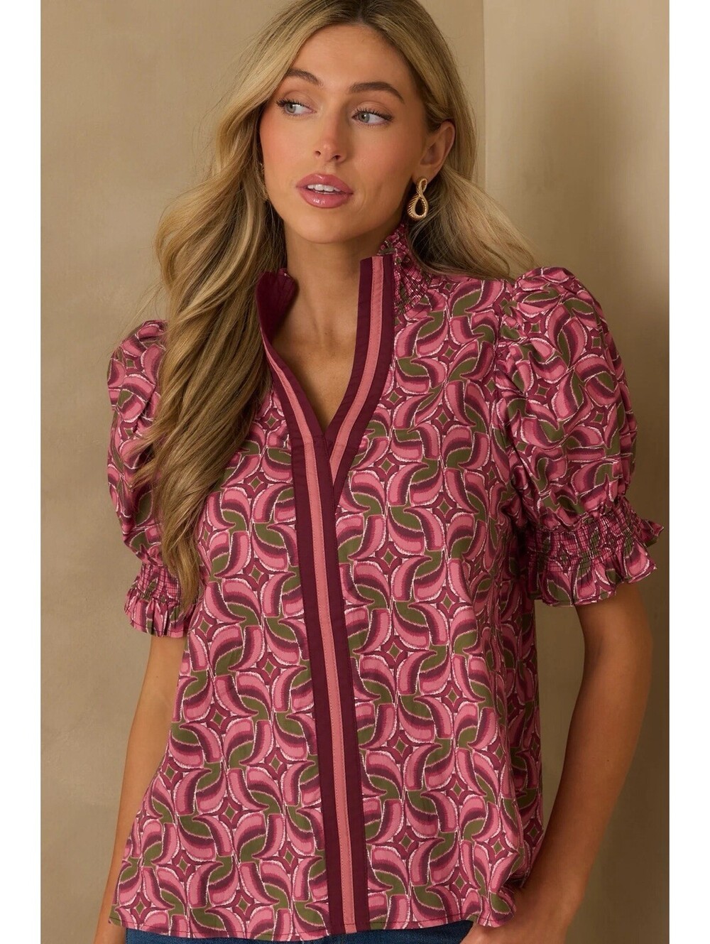 entro Pink Patterned Puff-Sleeve Blouse with Olive Accents